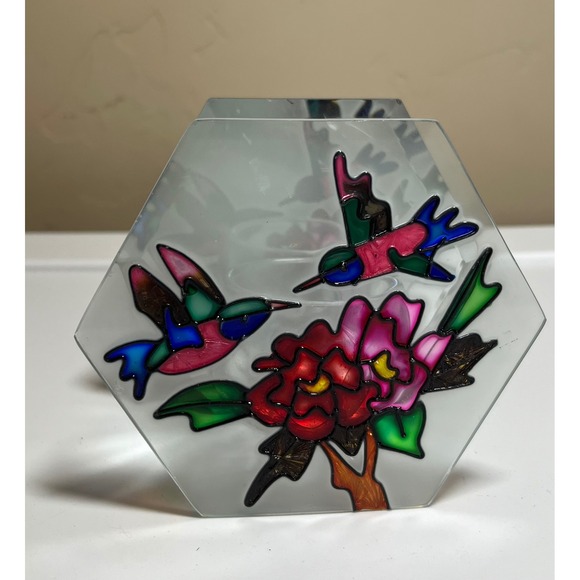Hummingbird Stained Glass Hexagon Decor Flower Table Accent Vintage Style - Picture 4 of 4